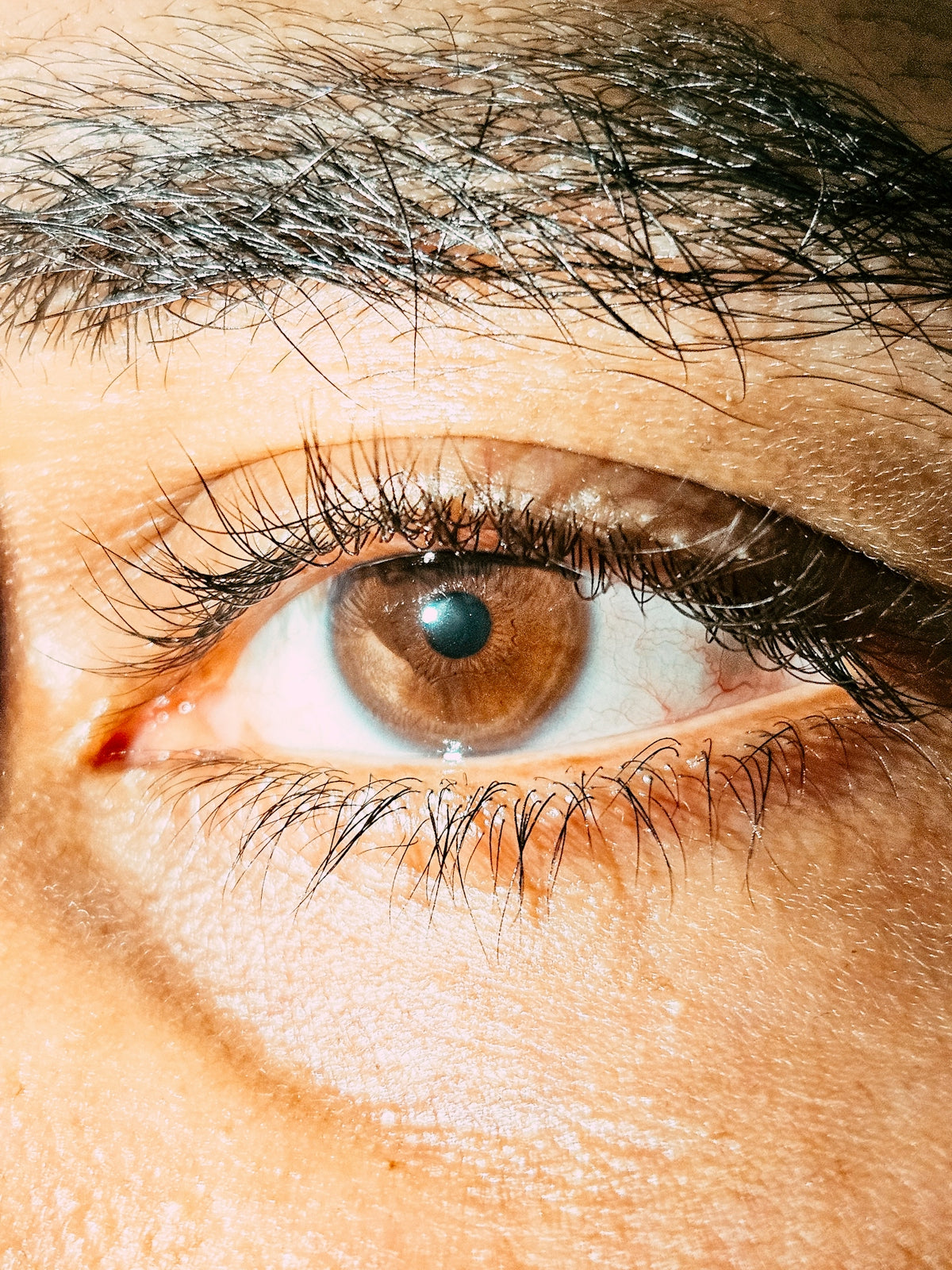 A close up of a person's brown eye