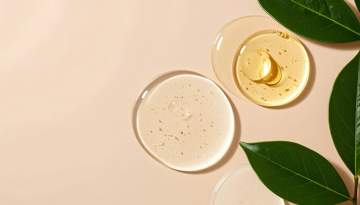 Skincare serums and leaves on a neutral background