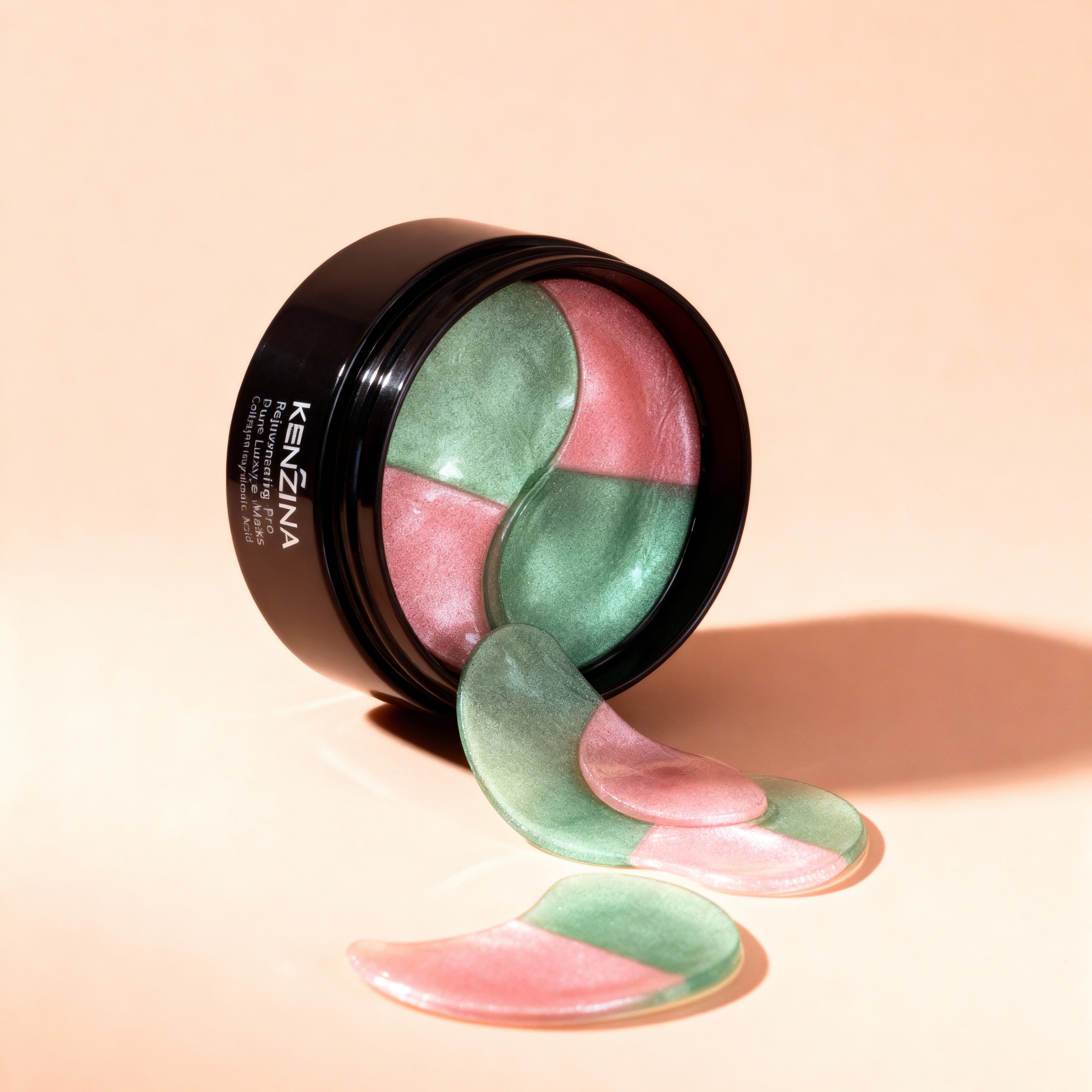 Kenzina cosmetic product with pink and green gel on a beige background