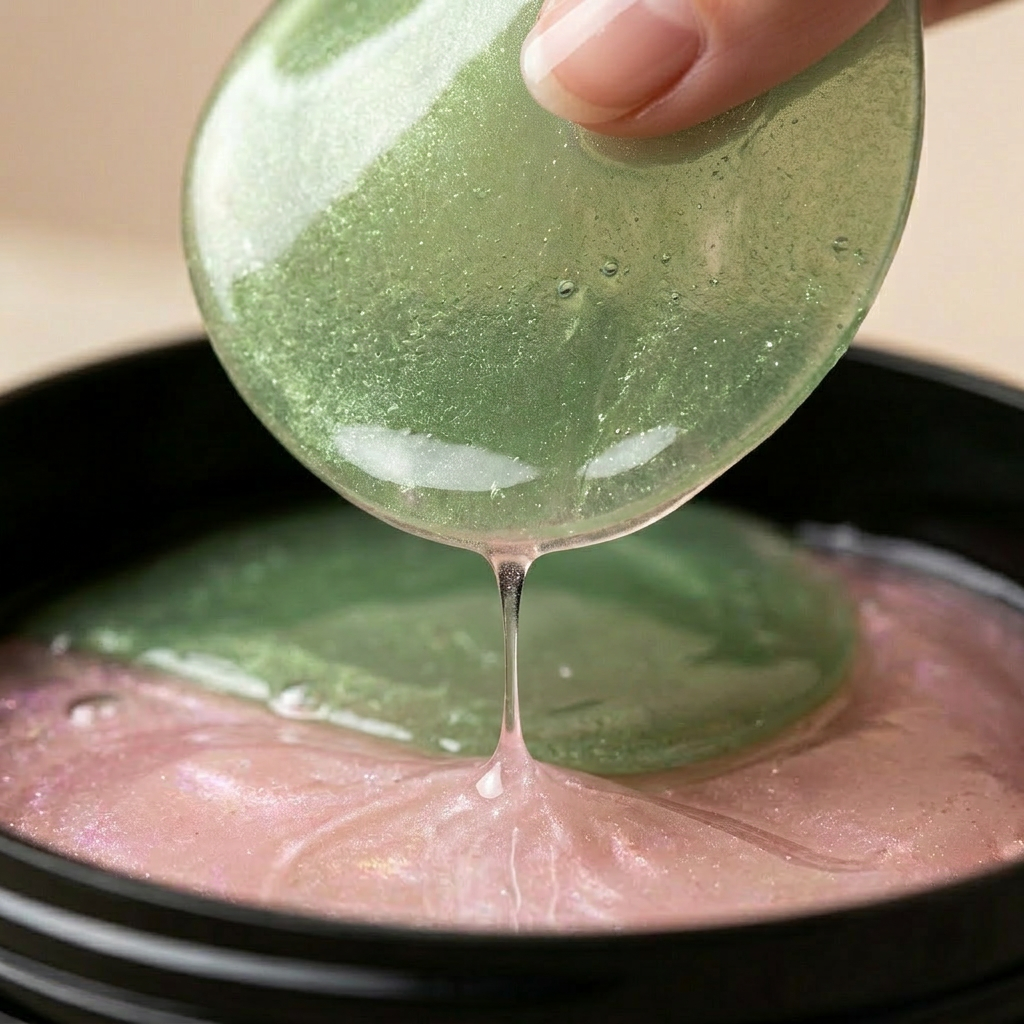 Green gel being poured into a container with a pink base