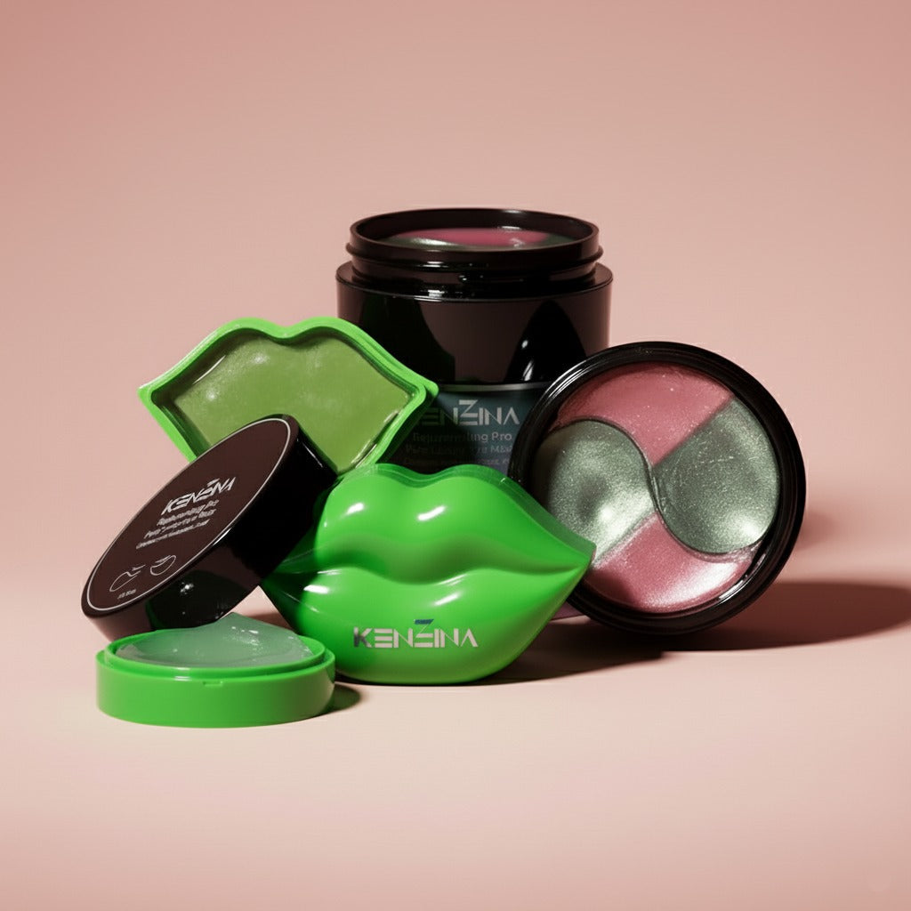 Eye mask and lip mask products from Kenzina including green lip-shaped containers and pink eye patches on a pink background