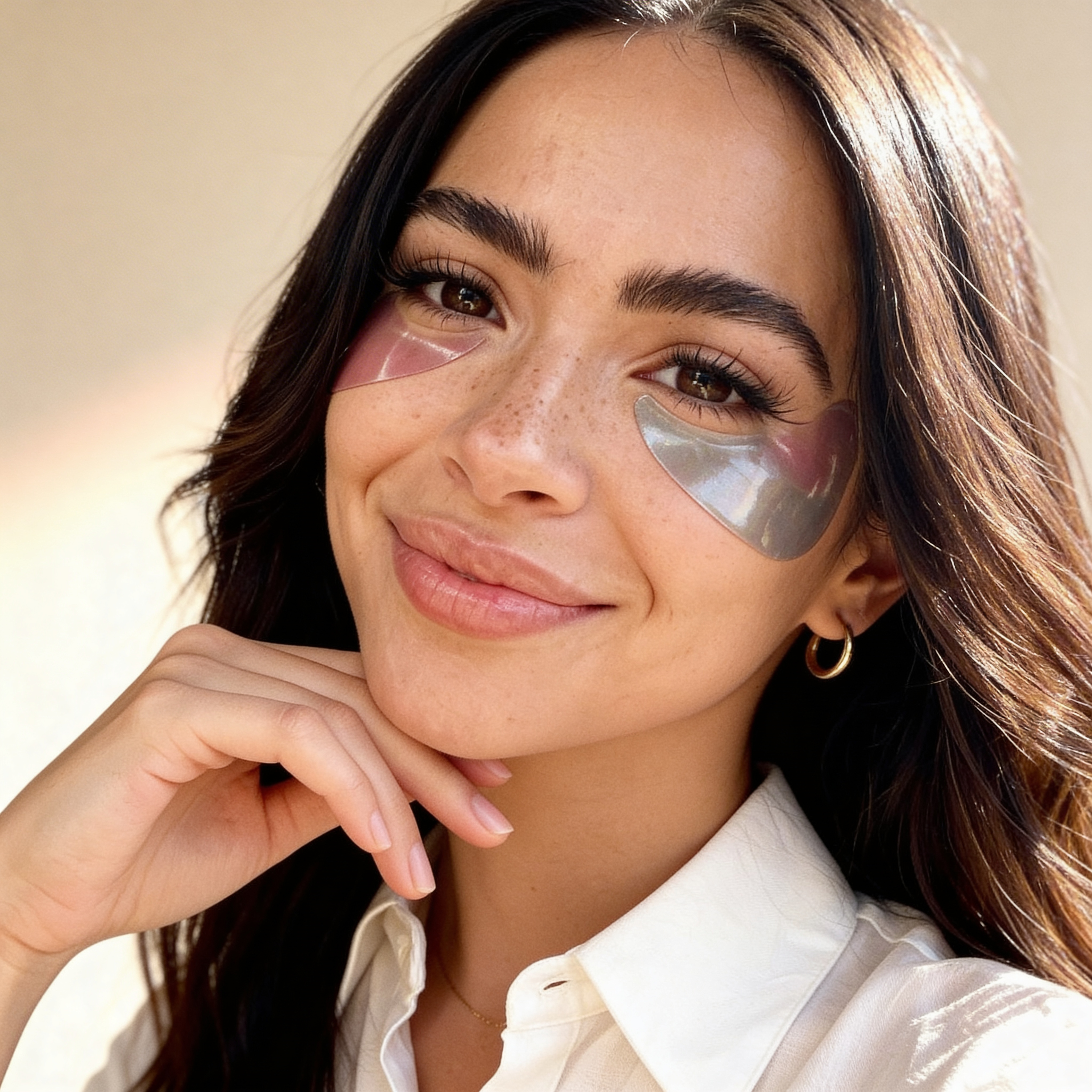 Woman wearing Kenzina pink and green under eye masks with a neutral background