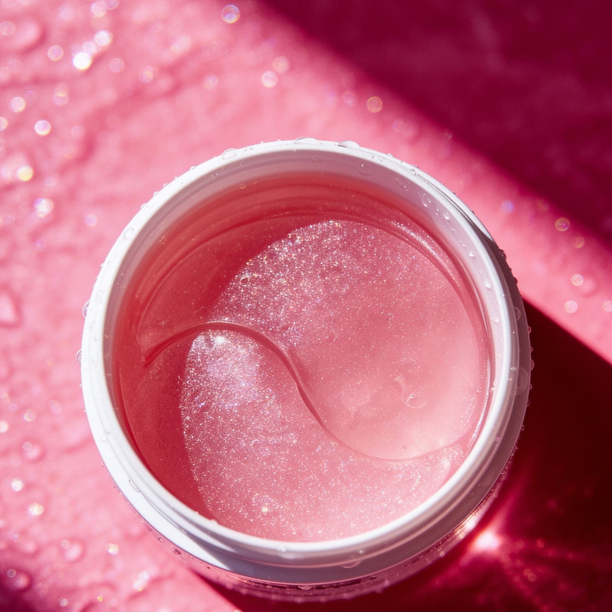 Open jar of pink Brightening & Depuffing hydrogel eye masks