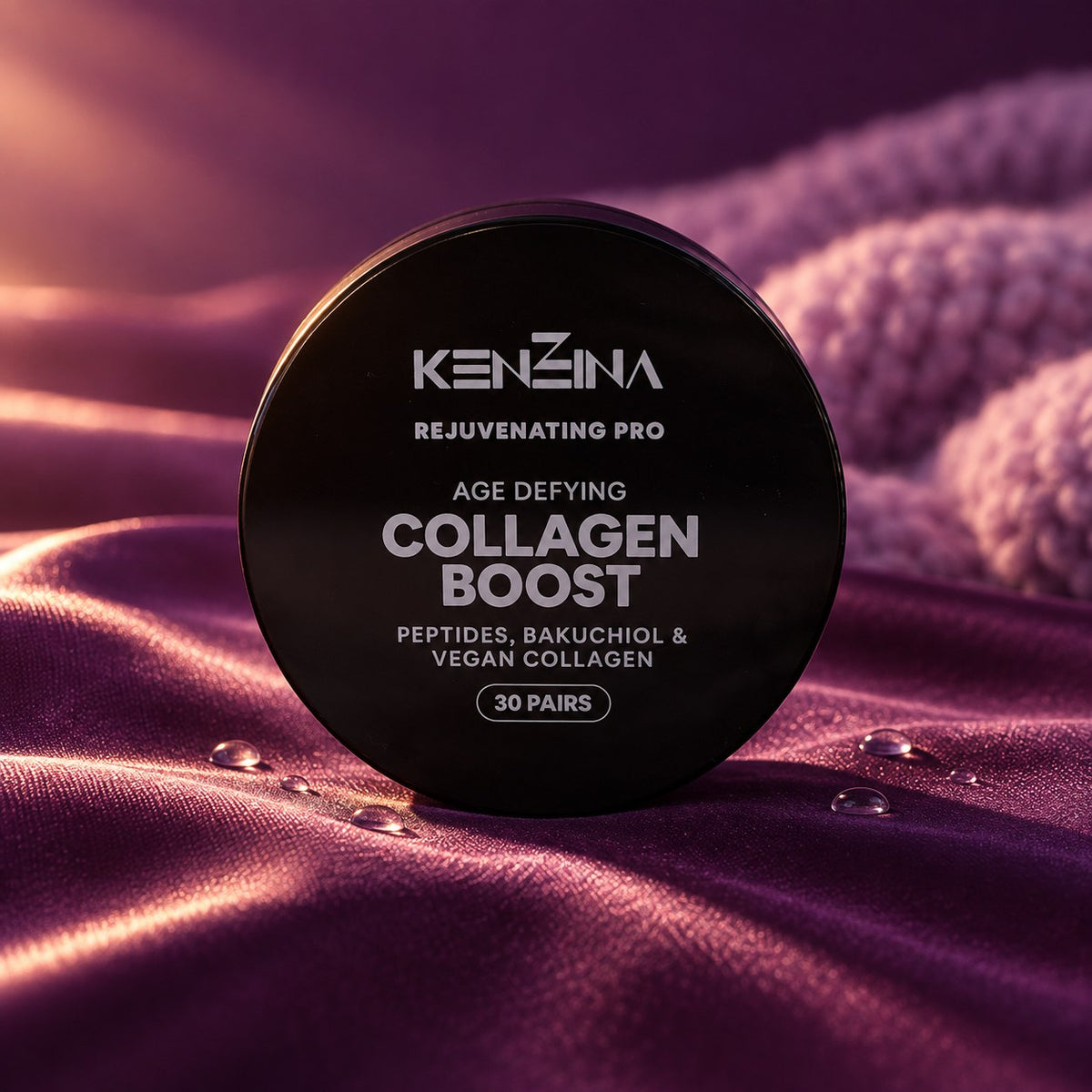 Kenzina Age Defying Collagen Boost eye masks jar on violet satin