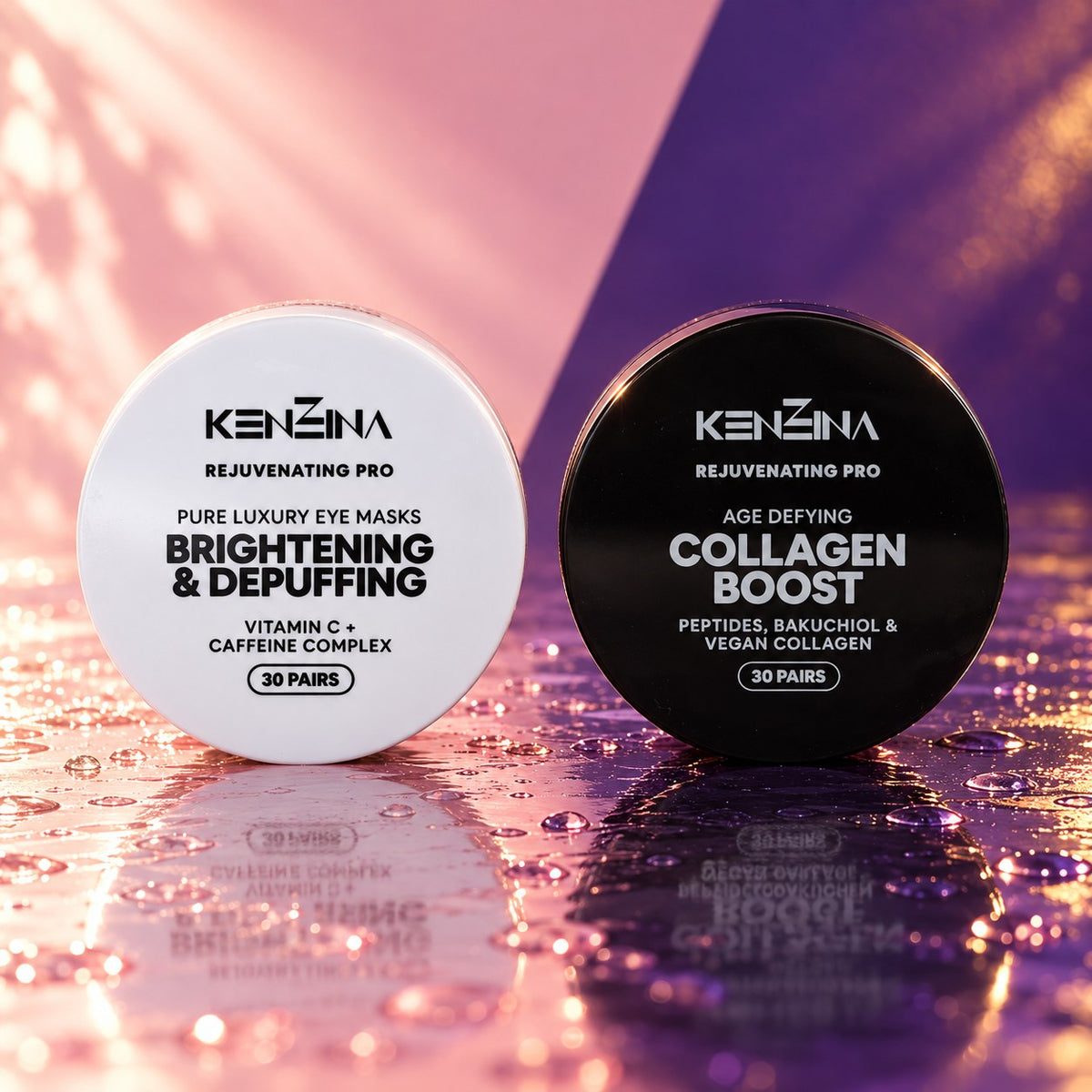 AM + PM Eye Ritual: the white Brightening & Depuffing jar and the black Collagen Boost jar on a pink and violet background