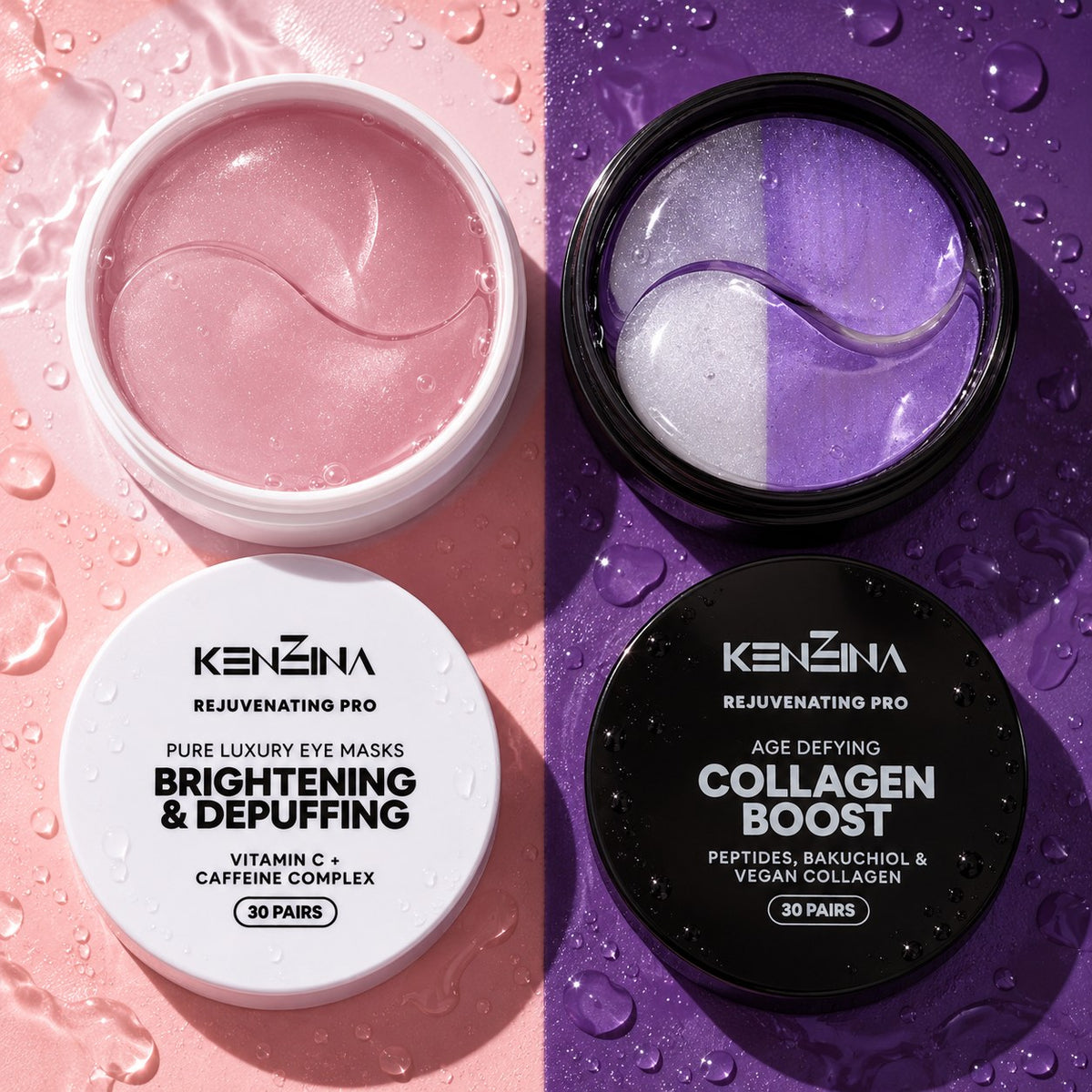 Both jars open: pink AM masks and half-lilac PM masks, with their lids
