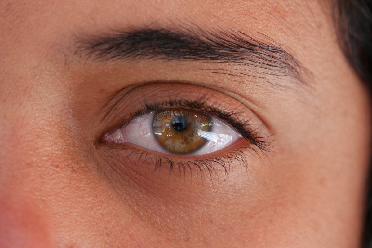 a close up of a person's brown eye