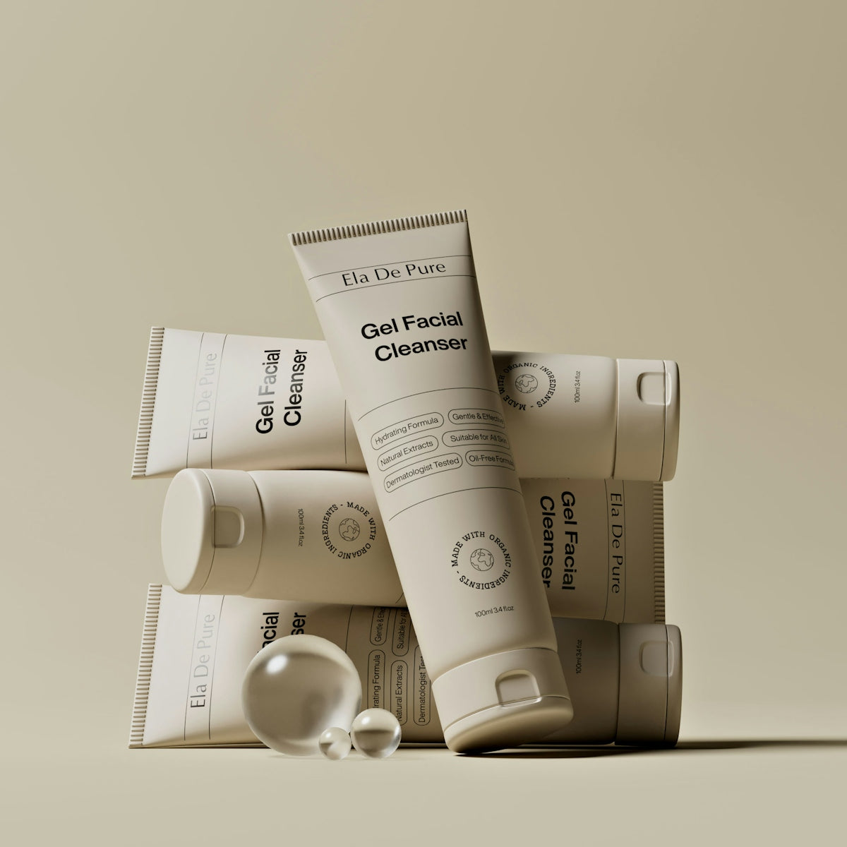 Several tubes of facial cleanser are shown.