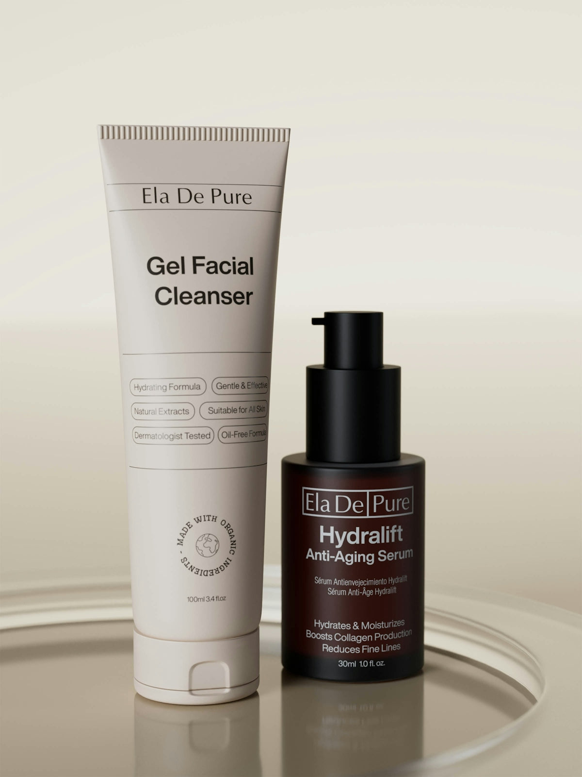 Skincare products: gel cleanser and anti-aging serum