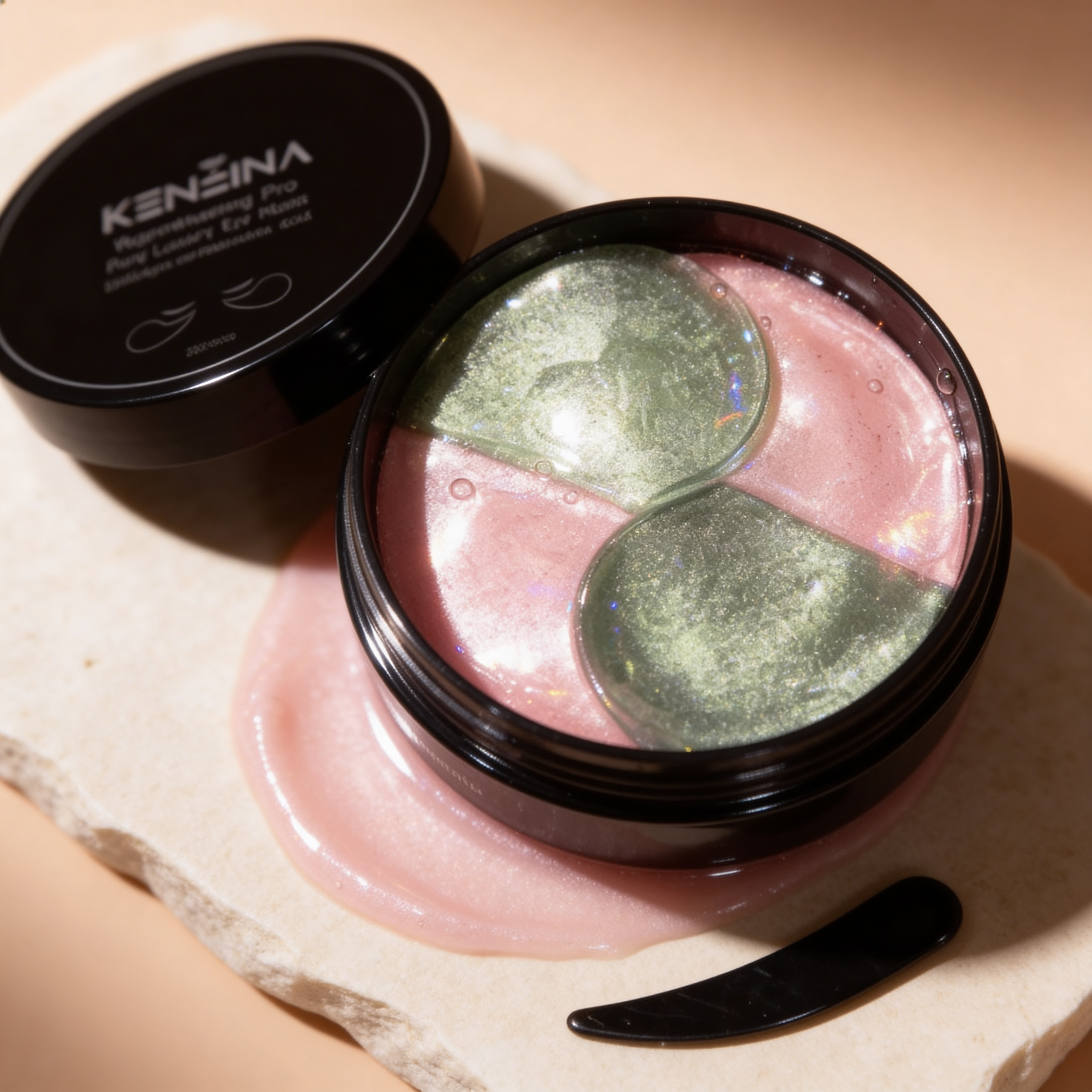 Kenzina under eye masks in a black container on a beige background