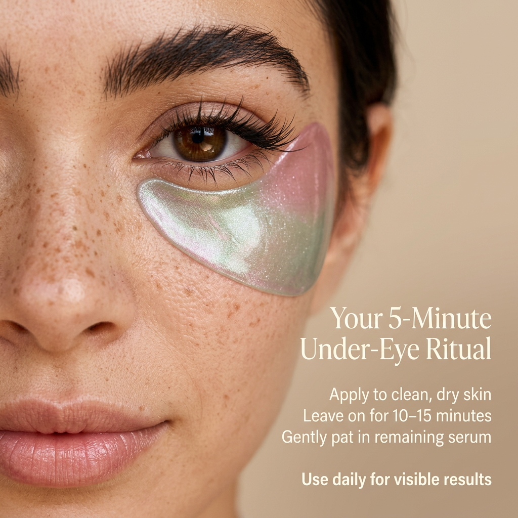 Close-up of a woman's eye with under-eye masks, applying skincare routine.
