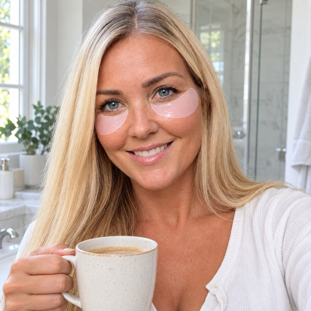 Wearing the pink eye masks with a morning coffee