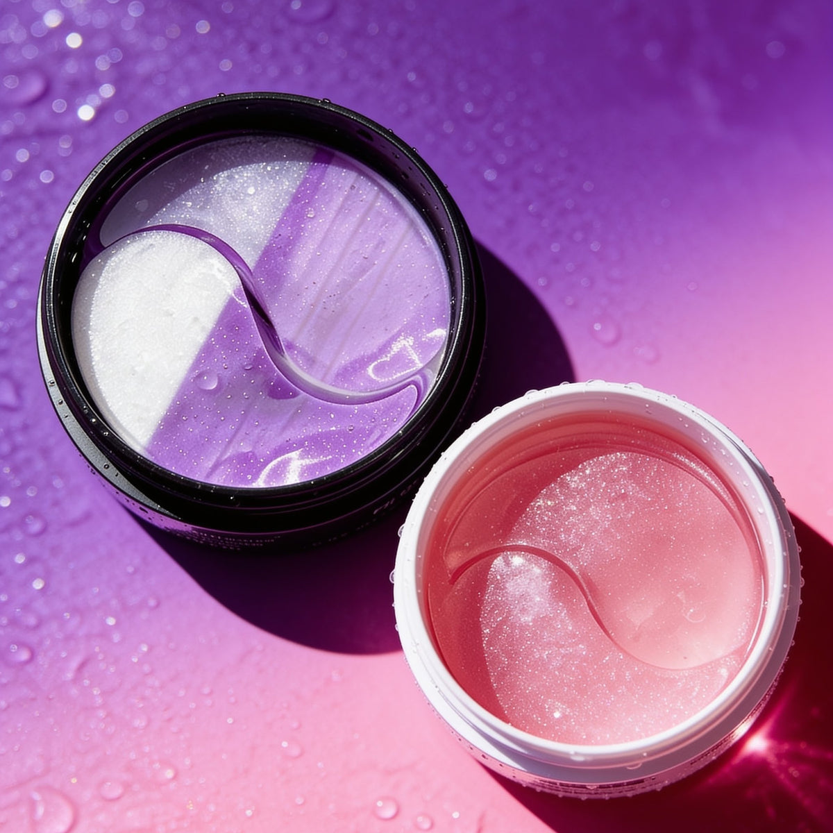 Both new eye mask jars open on a purple and pink background