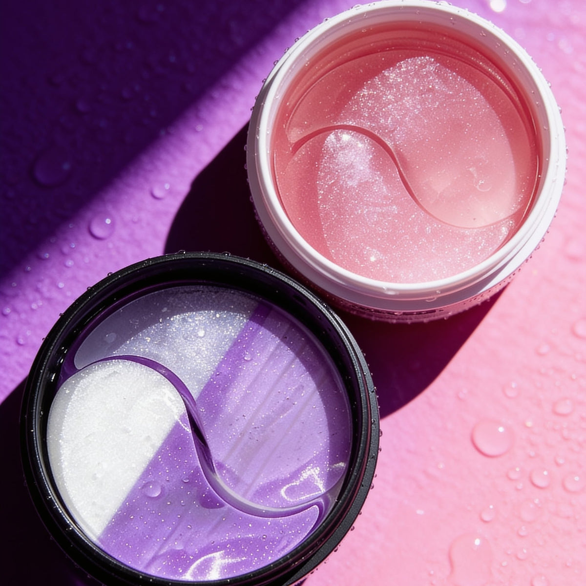 Two open jars side by side: half-lilac Collagen Boost masks and pink Brightening & Depuffing masks