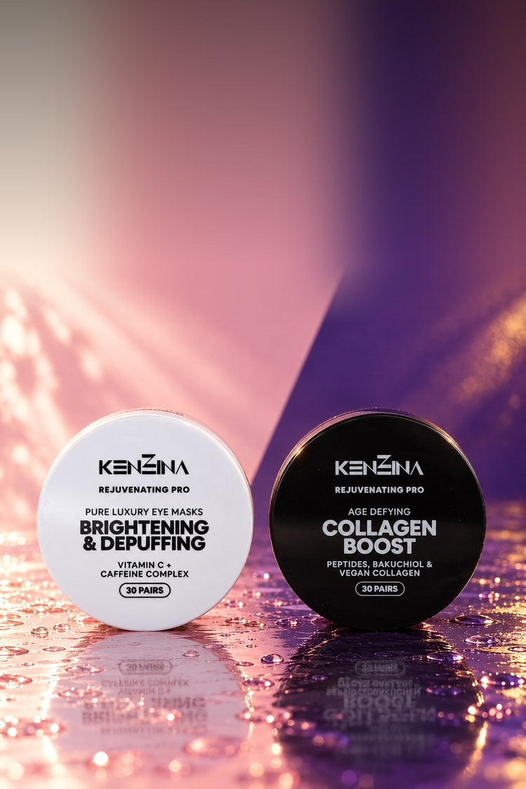 AM + PM Eye Ritual: the white Brightening and Depuffing jar and the black Collagen Boost jar on a pink and violet background