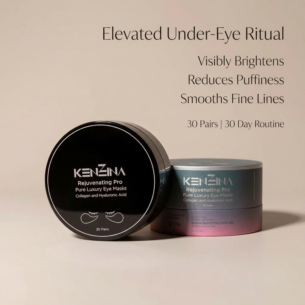 Two Kenzina eye mask containers on a beige background with product benefits text.